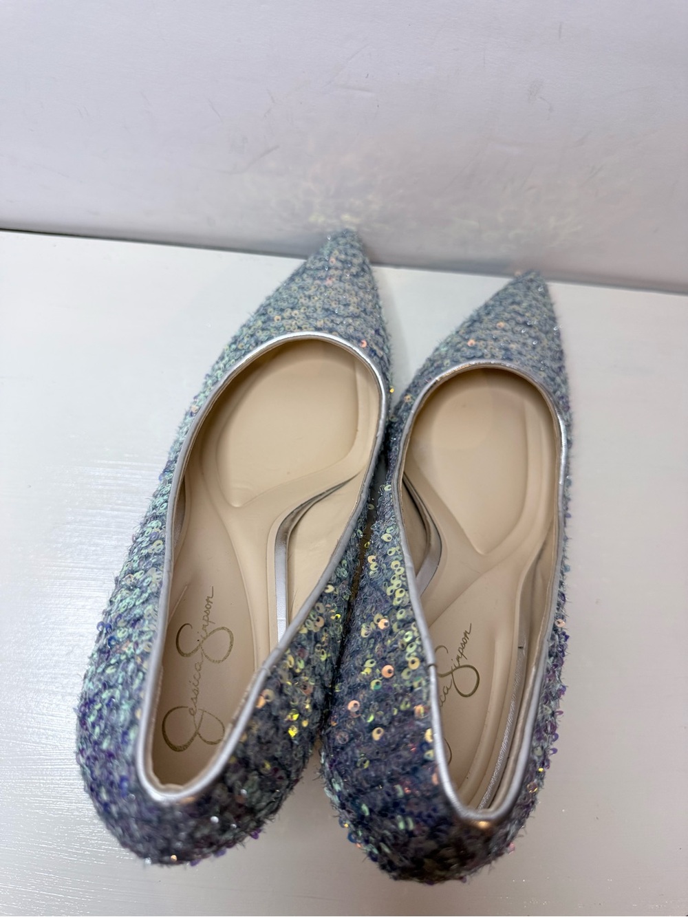 Jessica Simpson Blue Iridescent Tweed Sequin Pointed Toe Pumps Size 8.5 - Picture 7 of 13